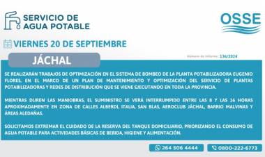 Reprogramado para el lunes 23 de septiembre: Harán tareas de mantenimiento y optimización en la Planta Potabilizadora Eugenio Flores, Jáchal
