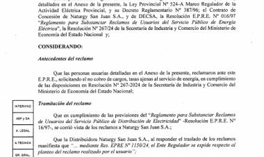Resolución del EPRE: “Informar a las personas usuarias reclamantes que se deniega su solicitud de exclusión del componente “Cargo Único Municipal” incorporado a la facturación…”