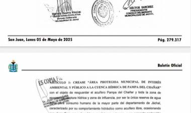 Ordenanza  Nº 3172 “Área Protegida Municipal de interés Ambiental y Público a la Cuenca Hídrica de Pampa del Chañar”: Luego de ocho meses, fue publicada en el Boletín Oficial