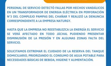 OSSE informa. Por hechos vandalicos el servicio se verá afectado en todo Jáchal: Se robaron 3 transformadores en Pampa del Chañar