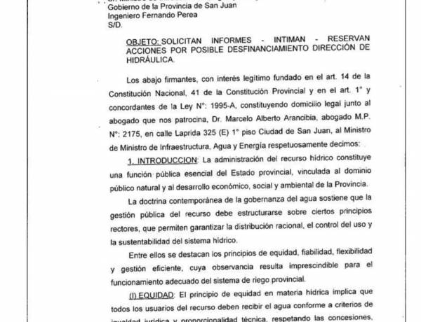 Productores agrícolas y presidentes de Juntas de Riego de San Juan, solicitaron informe al Ministerio de Infraestructura de la provincia