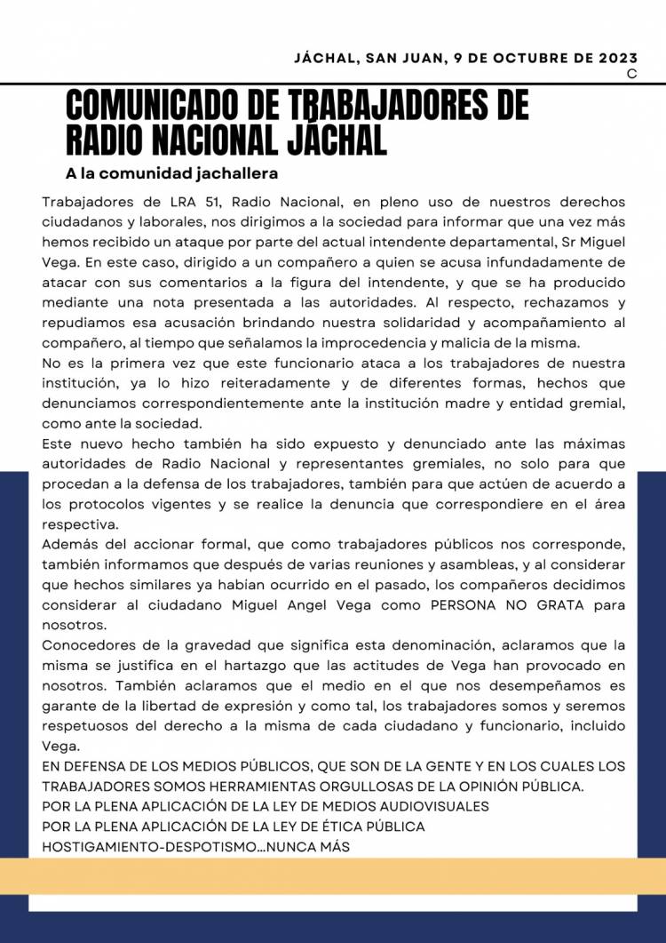 Ataque a la libertad de expresión por parte del Intendente de Jáchal: “Los compañeros decidimos considerar al ciudadano Miguel Ángel Vega como persona no grata para nosotros”