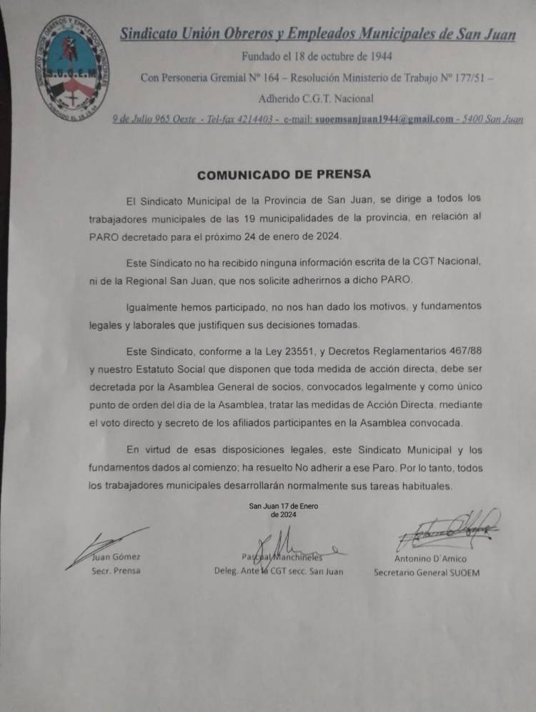 El Sindicato Municipal de San Juan resolvió no adherir al paro convocado por CGT para el 24 de Enero