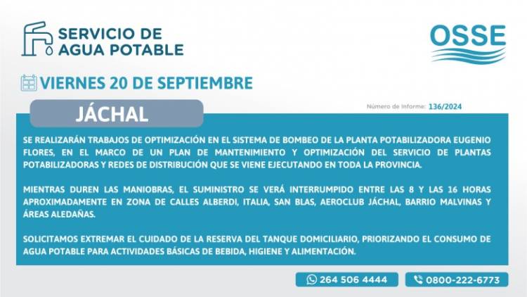 Reprogramado para el lunes 23 de septiembre: Harán tareas de mantenimiento y optimización en la Planta Potabilizadora Eugenio Flores, Jáchal