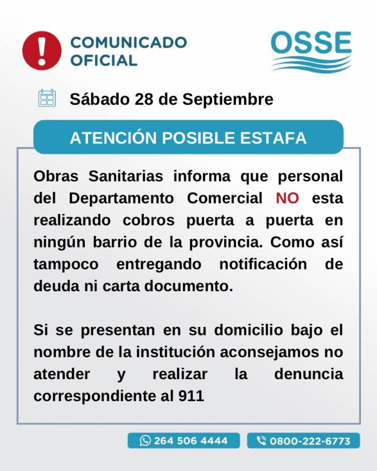 OSSE alerta a sanjuaninos por falsos cobradores que se presentan a domicilio 