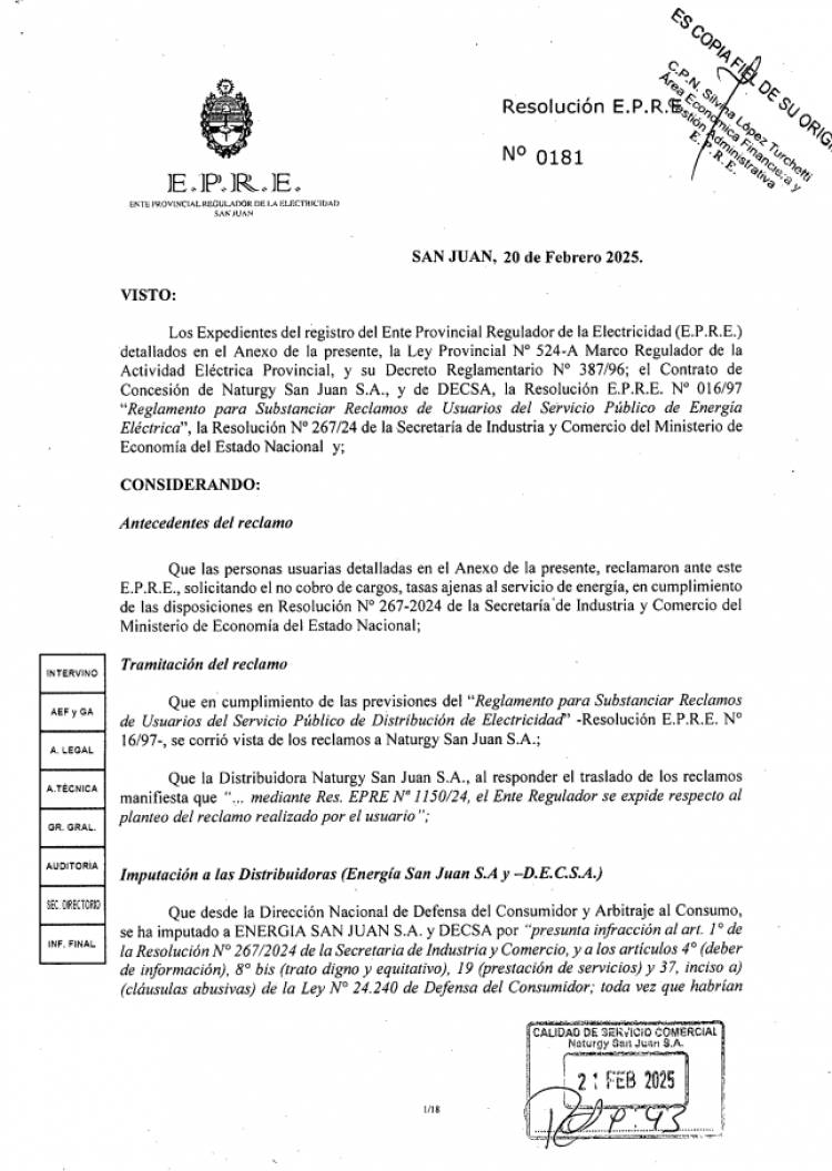 Resolución del EPRE: “Informar a las personas usuarias reclamantes que se deniega su solicitud de exclusión del componente “Cargo Único Municipal” incorporado a la facturación…”