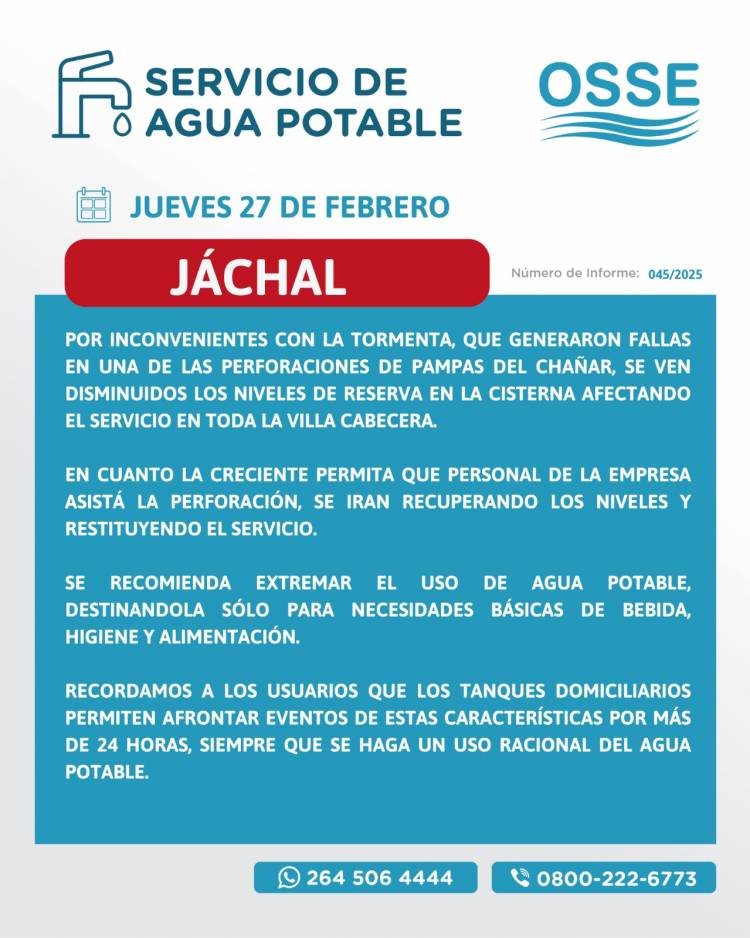 Luego de la tormenta, OSSE informa fallas en perforaciones que afectaron el servicio en el Centro de Jáchal