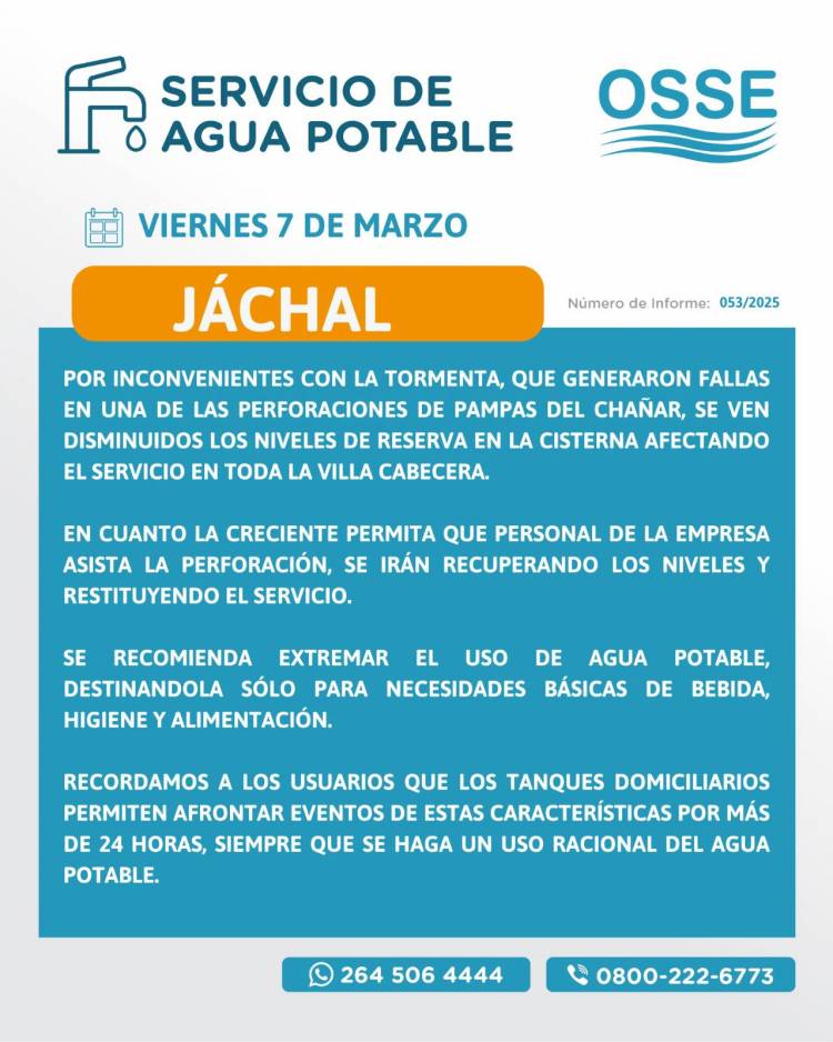 Luego de la tormenta: OSSE informa disminución de niveles de agua potable por fallas en una de sus perforaciones 