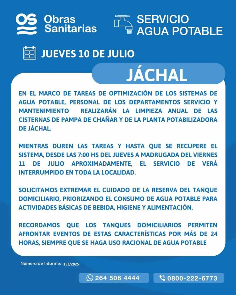 Comunicado de OSSE: Corte de agua potable por mantenimiento y limpieza de cisternas en Pampa del Chañar y Planta Potabilizadora