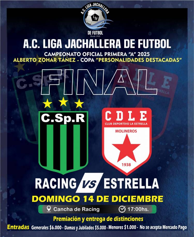 Final del Fútbol Jachallero: Racing vs. Estrella, en cancha del “verdinegro” el domingo 14 de diciembre