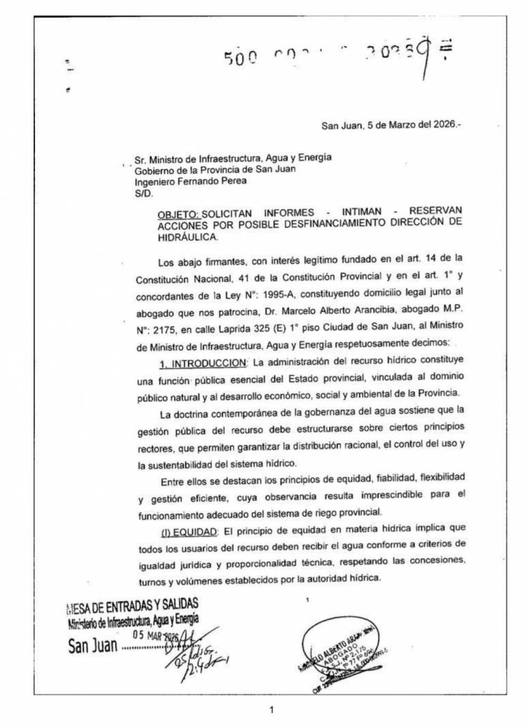 Productores agrícolas y presidentes de Juntas de Riego de San Juan, solicitaron informe al Ministerio de Infraestructura de la provincia