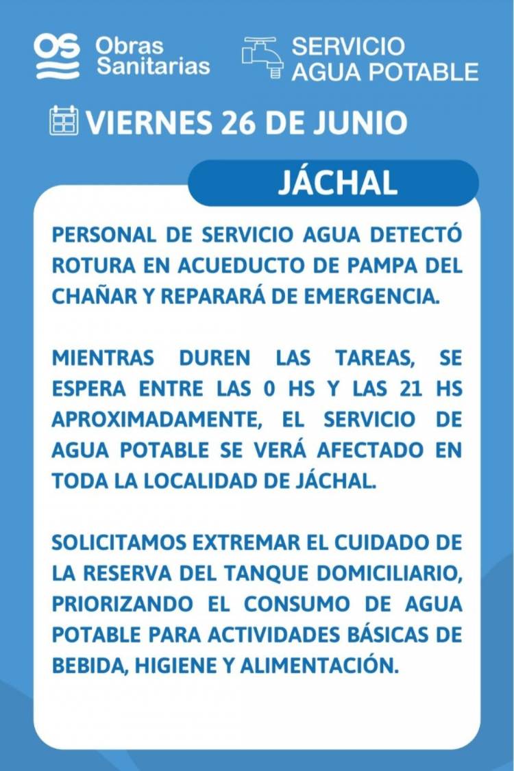 Suspenden las clases en escuelas de Jáchal por el corte de agua anunciado por Obras Sanitarias